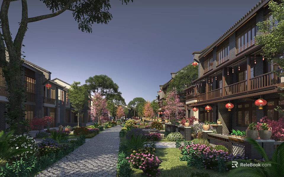 Ancient Architecture Traditional Street with Red Lanterns Lush Flowers and Stone Pedestrian Path 3d model 