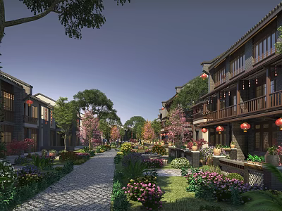 Ancient Architecture Traditional Street with Red Lanterns Lush Flowers and Stone Pedestrian Path 3d model