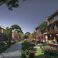 Ancient Architecture Traditional Street with Red Lanterns Lush Flowers and Stone Pedestrian Path