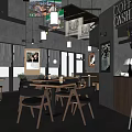 Modern Coffee Shop Interior With Large Windows Hanging Lights Wooden Tables And Bar Counter