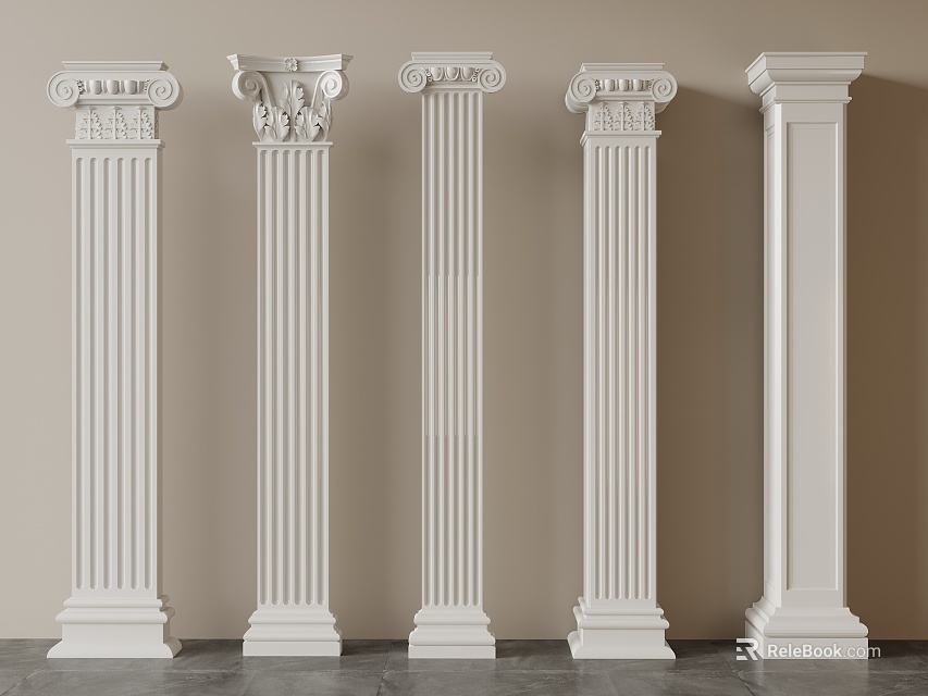 Classical White Columns With Different Carved Capitals And Fluted Shafts For Interior Decor 3d model 