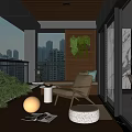 Cozy Home Balcony Interior With Wooden Ceiling Armchair Potted Plants And City View