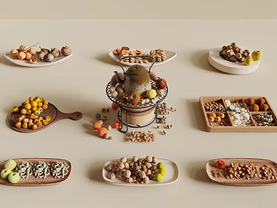 Assorted Nuts Fruits and Legumes on Plates Wooden Trays and Stuffed Food Container 3d model
