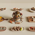 Assorted Nuts Fruits and Legumes on Plates Wooden Trays and Stuffed Food Container