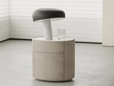 Modern Round Wooden Bedside Table With Mushroom Shaped Lamp And Glass In Minimalist Setting 3d model