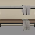 Modern Bed Bench with Black Metal Frame Light Gray and Brown Cushions and Gray Blanket