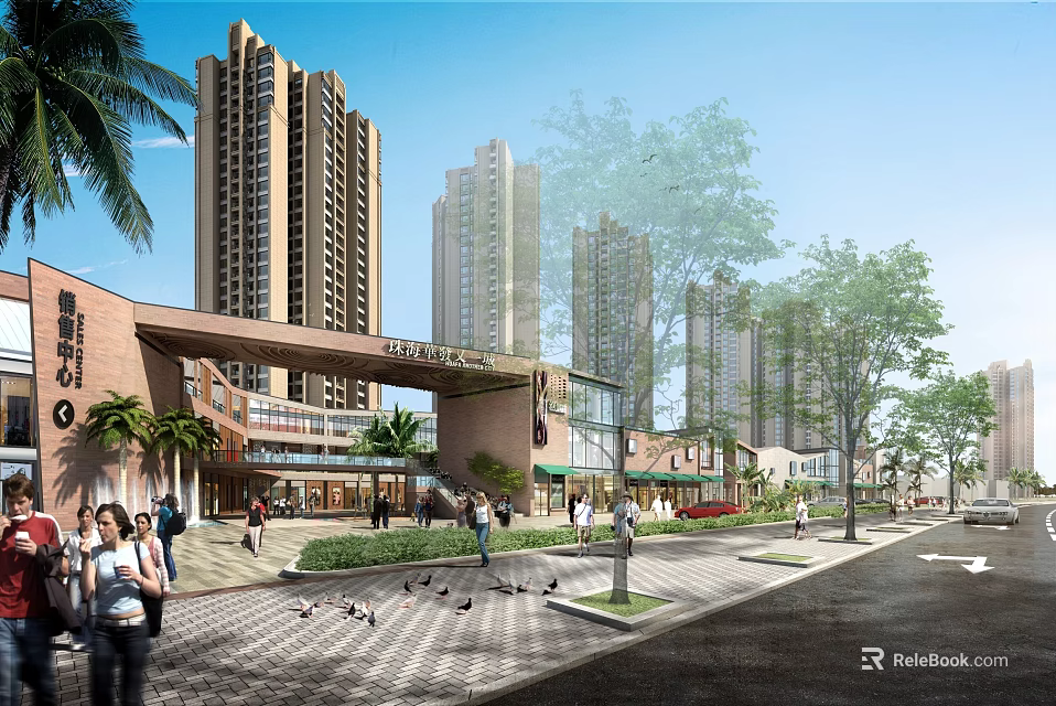 Modern Sales Office With Surrounding High Rise Residential Towers And Lively Commercial Area 3d model 