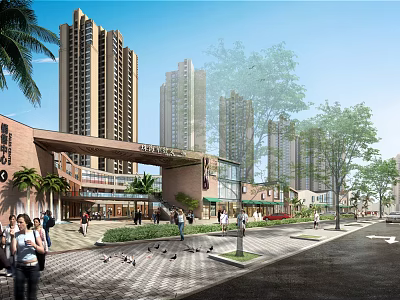Modern Sales Office With Surrounding High Rise Residential Towers And Lively Commercial Area 3d model