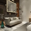 Modern Hotel Room Interior With Freestanding Bathtub Stone Wall Artwork And King Bed