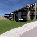 Modern Hotel Building With Black Roof Swimming Pool Wooden Deck Lawn And Outdoor Furniture