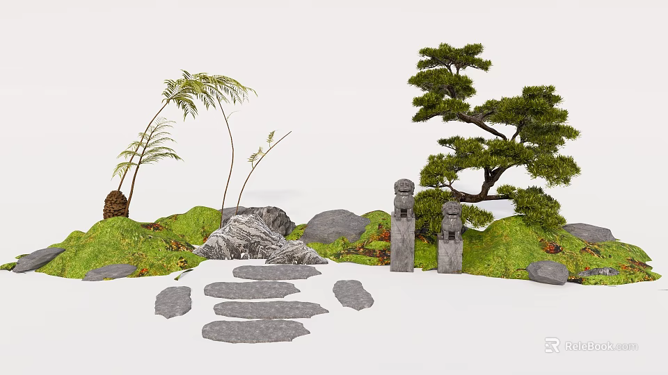 Courtyard Garden With Stone Path Pine Tree Palm Tree And Green Grass 3d model