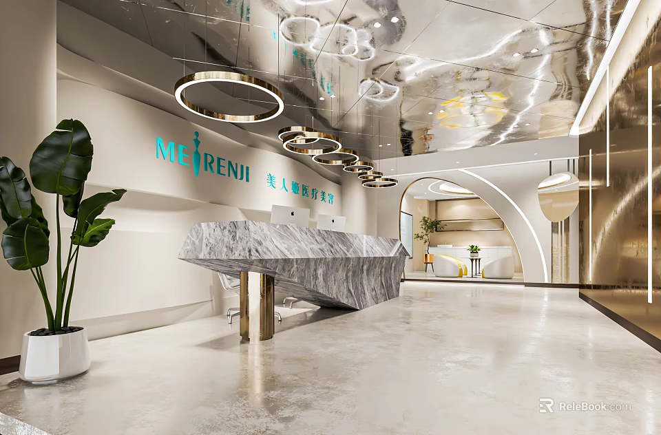 Modern Beauty Salon Interior Design With Marble Reception Desk Circular Lights And Green Plants 3d model 