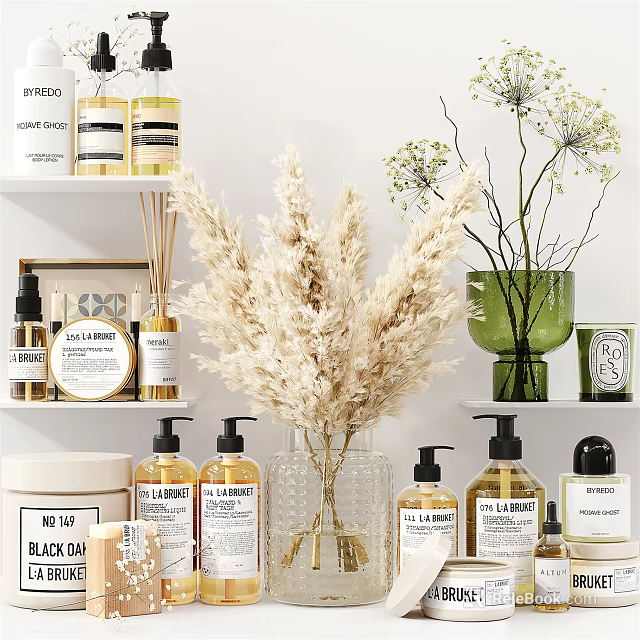 Stylish Bathroom Accessories With Glass Bottles Candles And Dried Plants On Shelves 3d model 