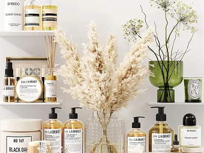 Stylish Bathroom Accessories With Glass Bottles Candles And Dried Plants On Shelves 3d model