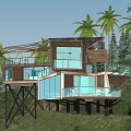 Modern Detached Villa Featuring Wooden Structure Glass Windows Balcony In Natural Surroundings With Palm Trees