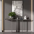 Modern Console Table with Artwork Green Plant and Tea Set on Striped Wall 3d model