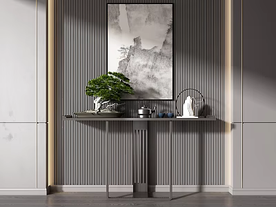 Modern Console Table with Artwork Green Plant and Tea Set on Striped Wall 3d model