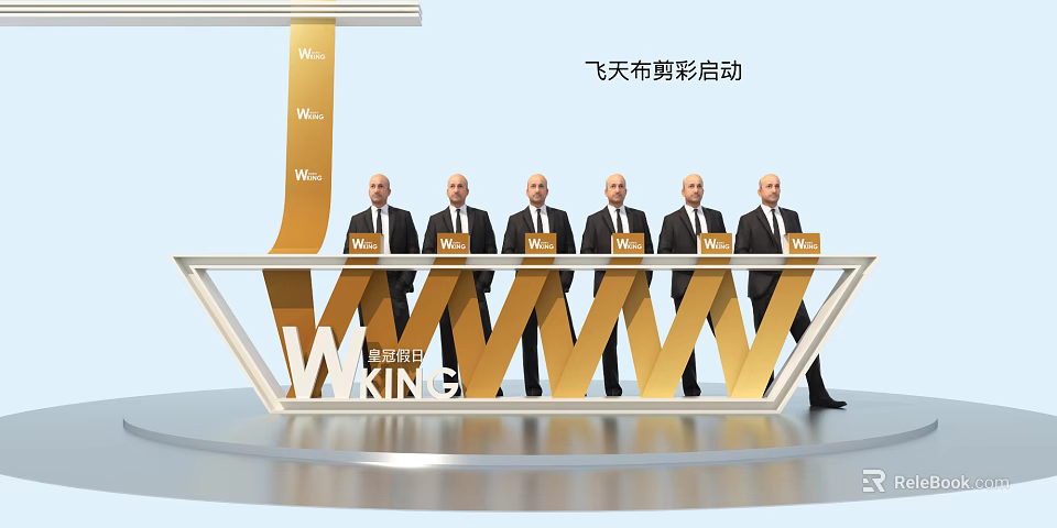 Elegant Reception Desk With Gold Accents And Men In Suits For Launch Ceremony 3d model 
