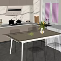 Modern Kitchen Dining Table Set With Transparent Chairs White Tabletop Green Plant Vase Marble Countertop