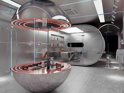 Futuristic Modern Office Interior With Spherical Structure Red Ring Lights Glass Partitions And Open Layout 3d model
