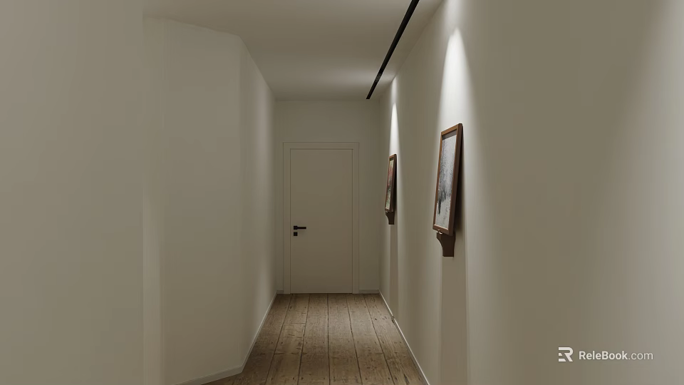 White Corridor Interior With Wooden Door Paintings And Wooden Floor Ceiling Light Strips 3d model 