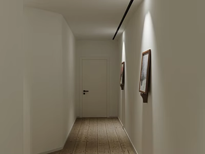White Corridor Interior With Wooden Door Paintings And Wooden Floor Ceiling Light Strips 3d model