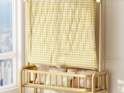 Yellow Checkered Baby Quilt Placed On Golden Crib Near Window With City View 3d model