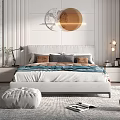 Modern Bedroom Interior Design With Glass Wardrobe Round Wall Decor And Bedside Lamp