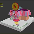 Cartoon Big Donut Shop with Pink and White Striped Awning Giant Donut on Roof