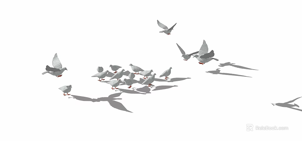 A group of white doves with some flying and others on ground against white background 3d model 