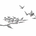 A group of white doves with some flying and others on ground against white background