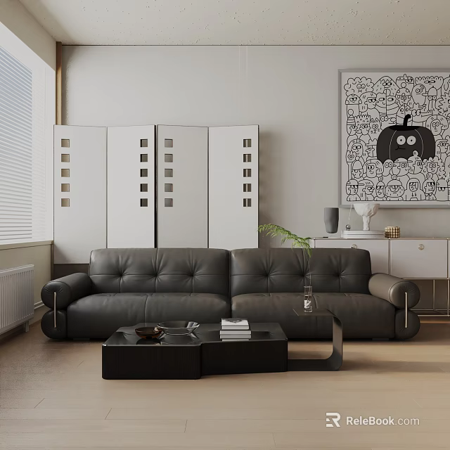 Black Leather Three Seater Sofa In Modern Living Room With Black Coffee Table White Cabinets 3d model 