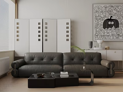 Black Leather Three Seater Sofa In Modern Living Room With Black Coffee Table White Cabinets 3d model