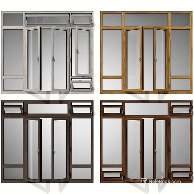 Modern Casement Windows With Silver Brown And Dark Wooden Frame Design Options 3d model 