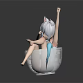 Anime Game Character With Blue Hair Cat Ears In Blue Overalls Sitting In Transparent Teacup