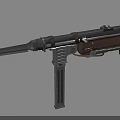 Classic Submachine Gun with Wooden Stock Metal Barrel and Tactical Grip on Black Background