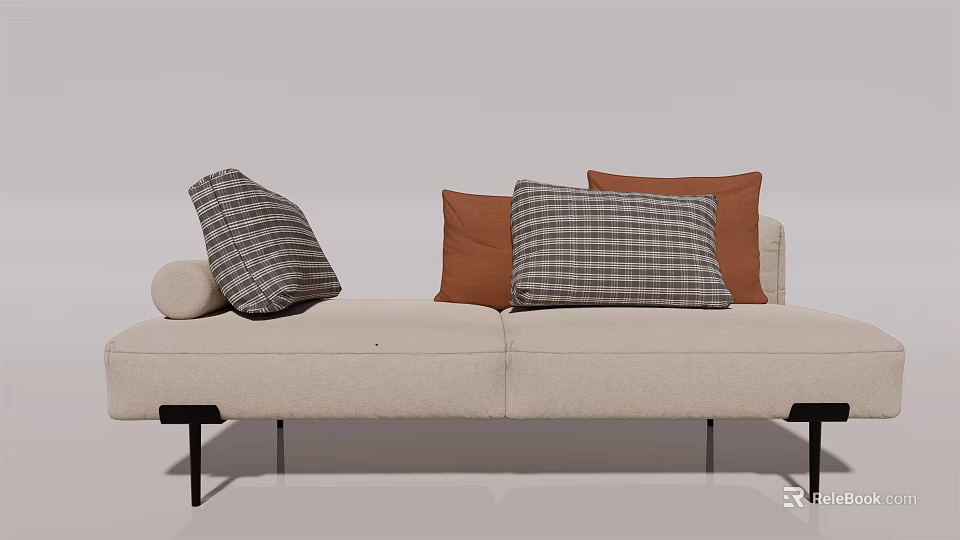 Modern Minimalist Beige Sofa Bench With Plush Checkered And Orange Cushions And Black Metal Legs 3d model 