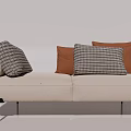 Modern Minimalist Beige Sofa Bench With Plush Checkered And Orange Cushions And Black Metal Legs