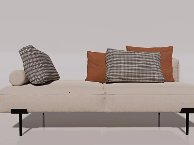Modern Minimalist Beige Sofa Bench With Plush Checkered And Orange Cushions And Black Metal Legs 3d model