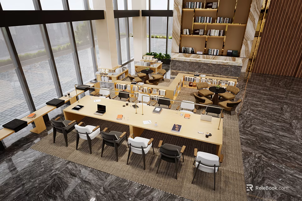 Modern Library Interior With Bookshelves Desks Chairs And Large Windows 3d model 