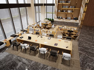 Modern Library Interior With Bookshelves Desks Chairs And Large Windows 3d model