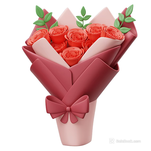 Fresh Red Roses Bouquet With Green Leaves And Decorative Red Wrapping Bow 3d model 