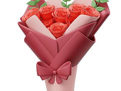 Fresh Red Roses Bouquet With Green Leaves And Decorative Red Wrapping Bow 3d model
