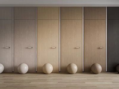 Hinged Doors In Various Wood Tones With Metal Handles And Decorative Balls On Wooden Floor 3d model