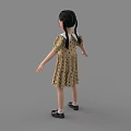 Little Girl In Beige Polka Dot Dress With White Peter Pan Collar And Black Shoes