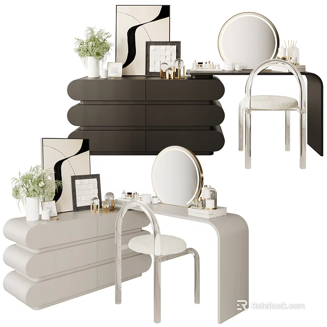 Modern Black And White Dressing Table With Round Mirror Stool And Decorative Items 3d model
