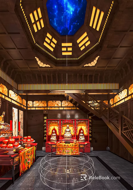 Buddhist Temple Interior With Traditional Wooden Structure And Buddha Statues On Altar 3d model 