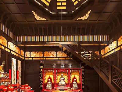 Buddhist Temple Interior With Traditional Wooden Structure And Buddha Statues On Altar 3d model