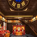 Buddhist Temple Interior With Traditional Wooden Structure And Buddha Statues On Altar