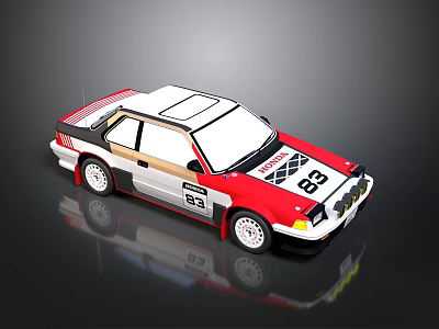 Red White Black Rally Car With Racing Stripes Number 83 And Sponsor Logos 3d model